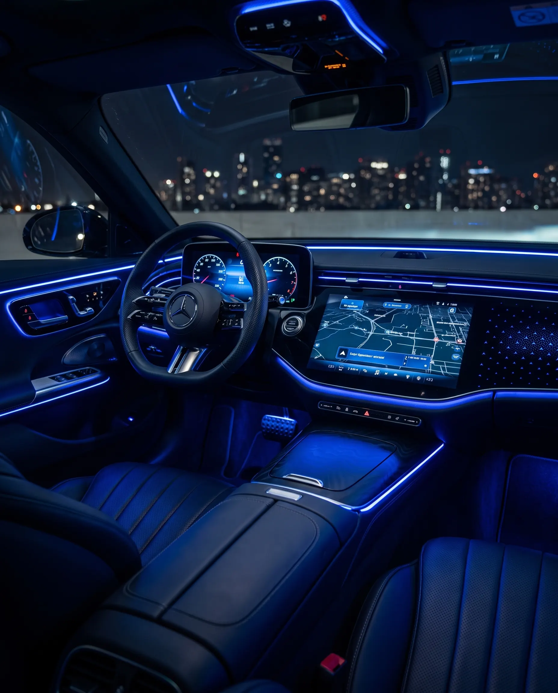 Puesto de conducción del Mercedes-Benz E 300 e con la iluminación ambiental encendida