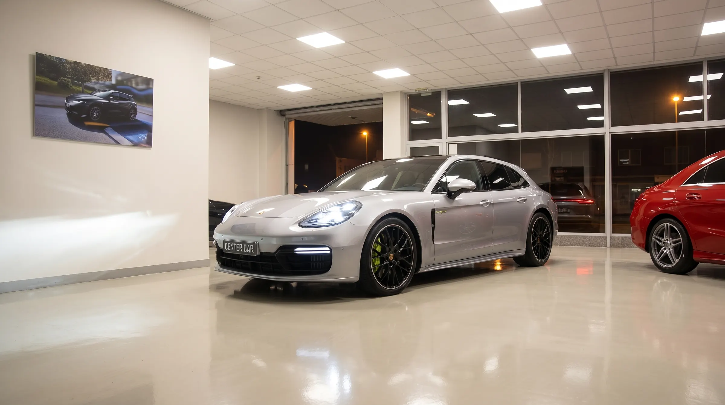 El Porsche Panamera Sport Turismo dentro de la exposición, de noche (recreación)